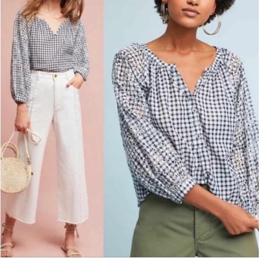 Anthropologie Akemi +‎ Kin Gingham Eyelet Embroidered Boho Blouse Top Navy White